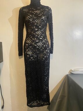 AFRM Black Long-Sleeve Lace Midi Dress